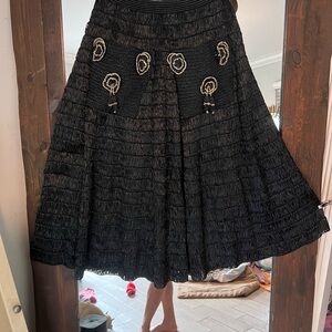 Elegant Black Midi Raffia Skirt with Pockets & Golden floral Embellishments